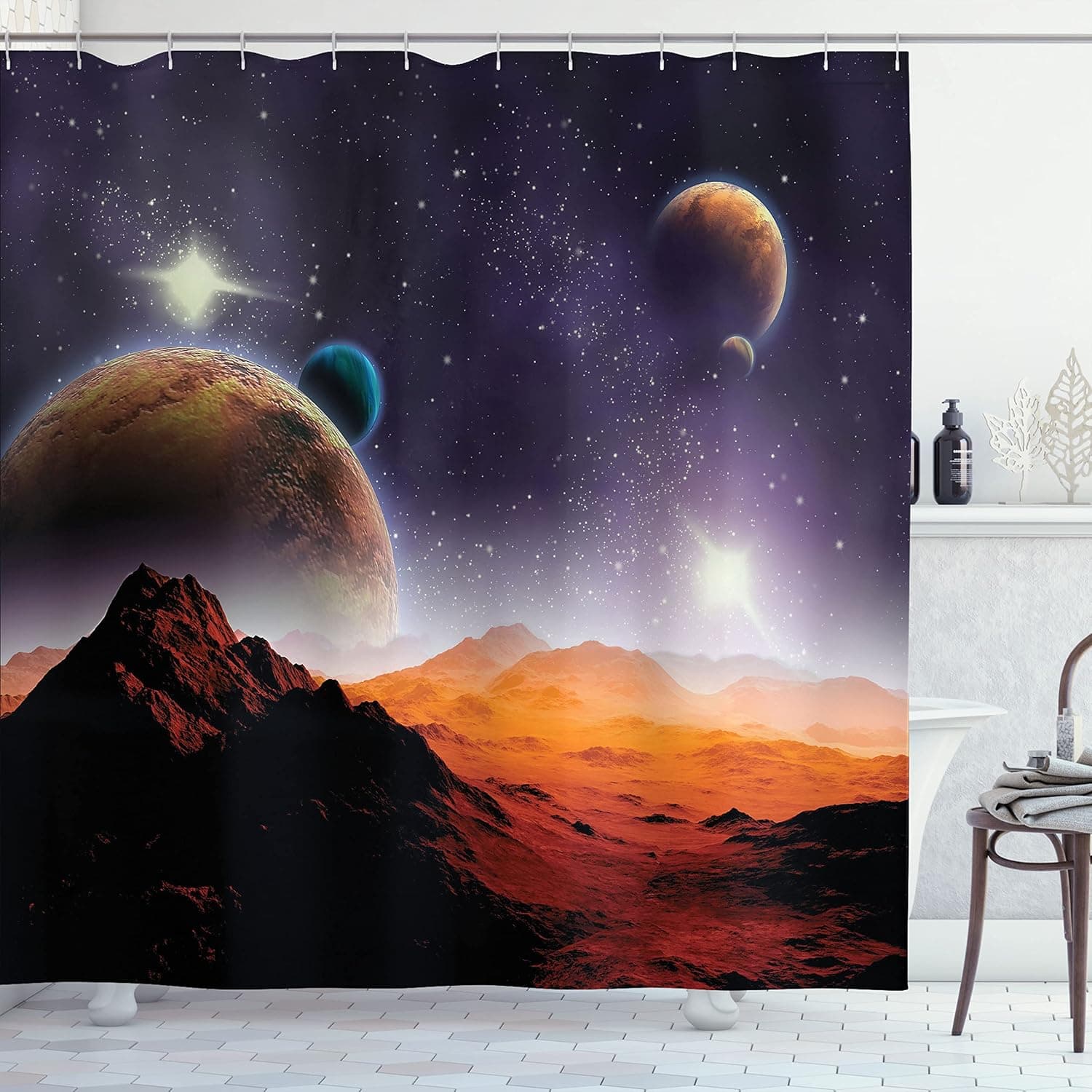 Ambesonne Galaxy Shower Curtain, Solar Sky Nebula Orbit Comet Horizon System Earth and Cosmos Fantasy Image, Cloth Fabric Bathroom Decor Set with Hooks, 69" W x 70" L, Purple Dark Orange