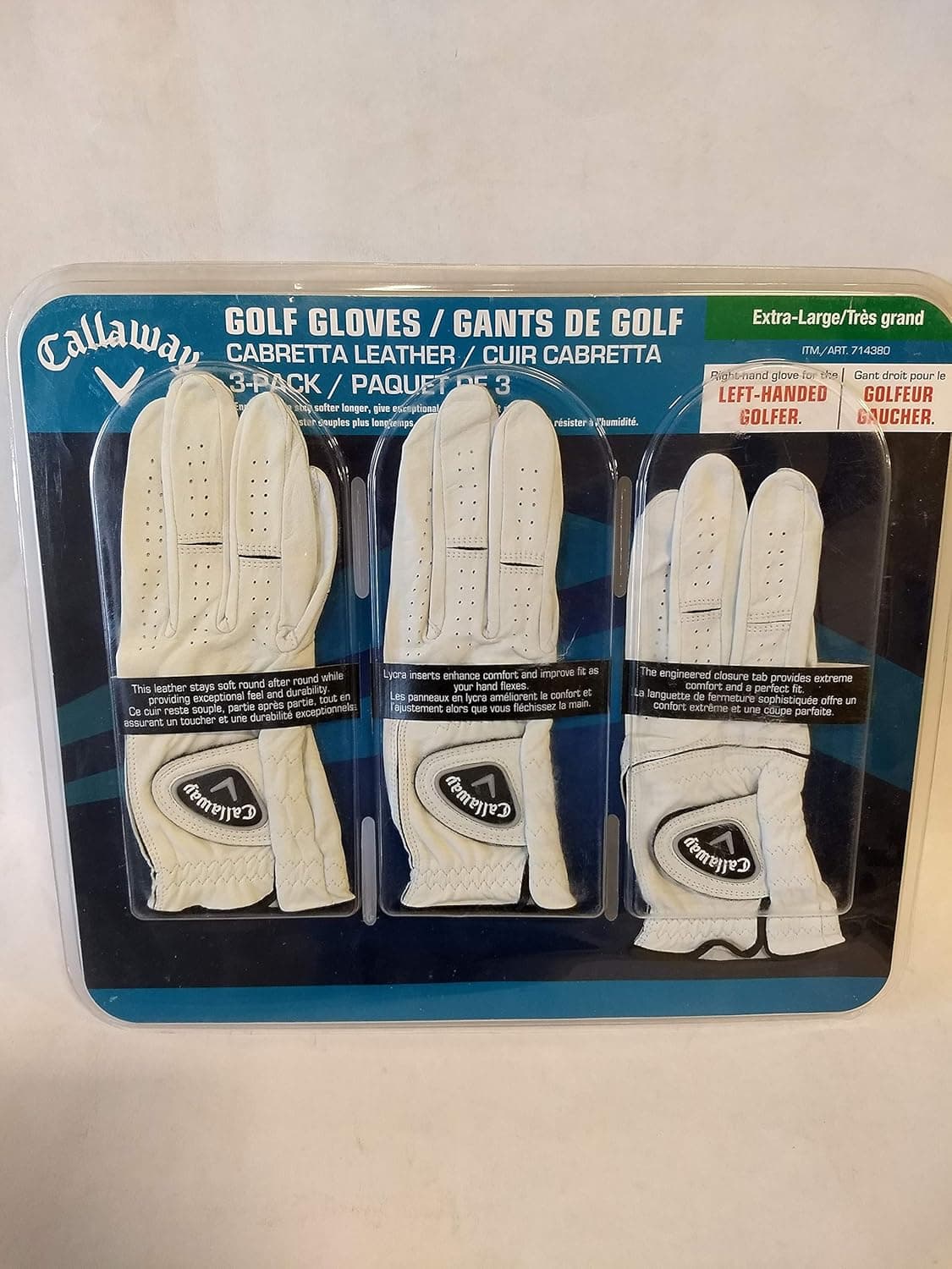 Callaway Premium Cabretta Leather Golf Gloves, Extra-Large, 3-Pack