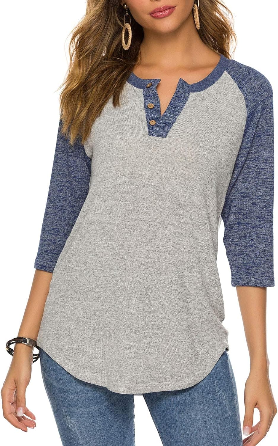 HOCOSIT Women's Raglan Round Neck Summer Tops Ladies Basic Button Henley Shirt Boyfriend Style Blouse