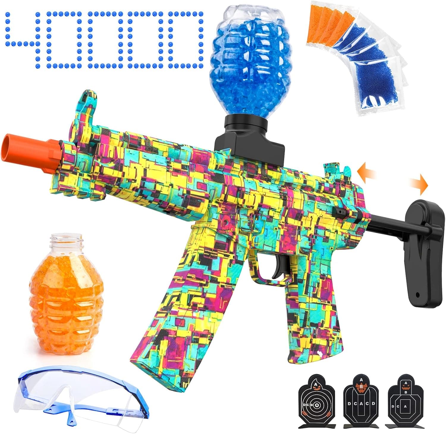 Upgraded Gel Splatter Ball Blaster - Full Auto MP5 Splat Gun for Outdoor Games and Battles with 40,000 Beads, 3 Targets (Colorful )