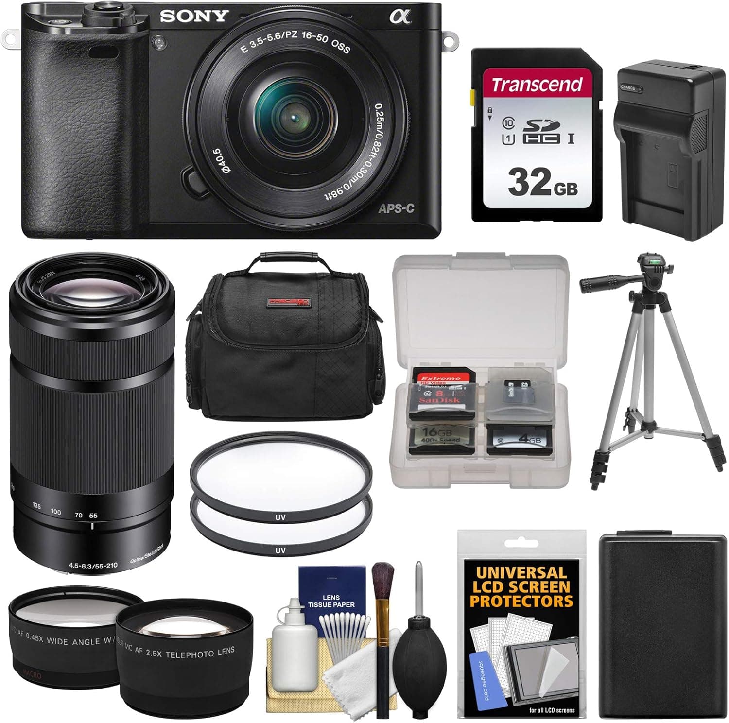 Sony Alpha A6000 Wi-Fi Digital Camera & 16-50mm & 55-210mm Lens with 32GB Card + Case + Battery/Charger + Tripod + Tele/Wide Lens Kit