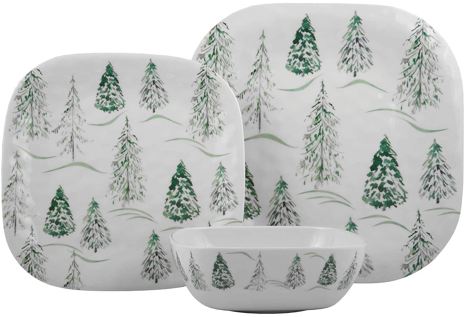 Melange 12-Piece 100% Dinnerware Set for 4 Christmas Collection-Wild Xmas Trees Shatter-Proof and Chip-Resistant Melamine Dinner Plate, Salad Plate & Soup Bowl (4 Each), 10.5", White