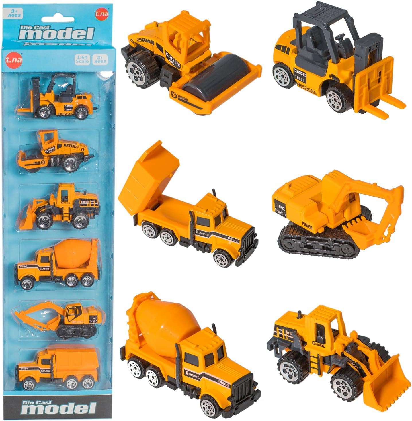 BonBon Construction Toy Cars Functioning Tools 6 Pack! Die Cast Model Cars! Bulldozer, Cement Truck, Forklift, Crane, Roller Truck, Dump Truck! Assorted 1:64 Model Cars