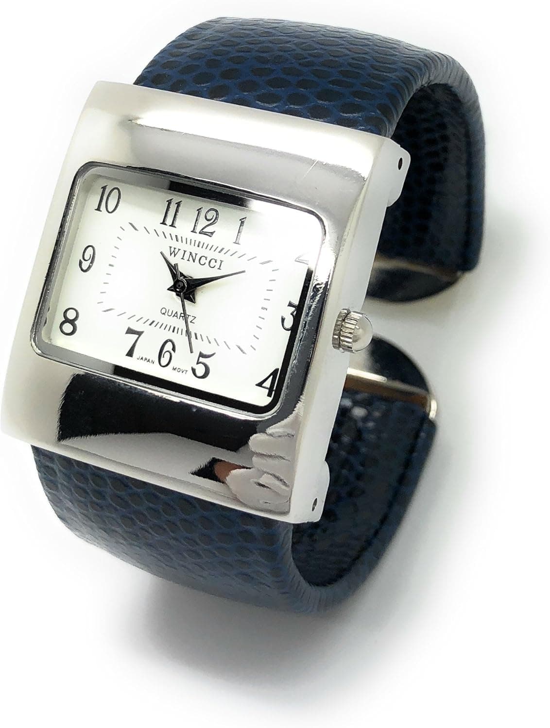 Wincci Ladies Snakeskin Leather Bangle Cuff Watch Square Case White Dial (Navy Blue)