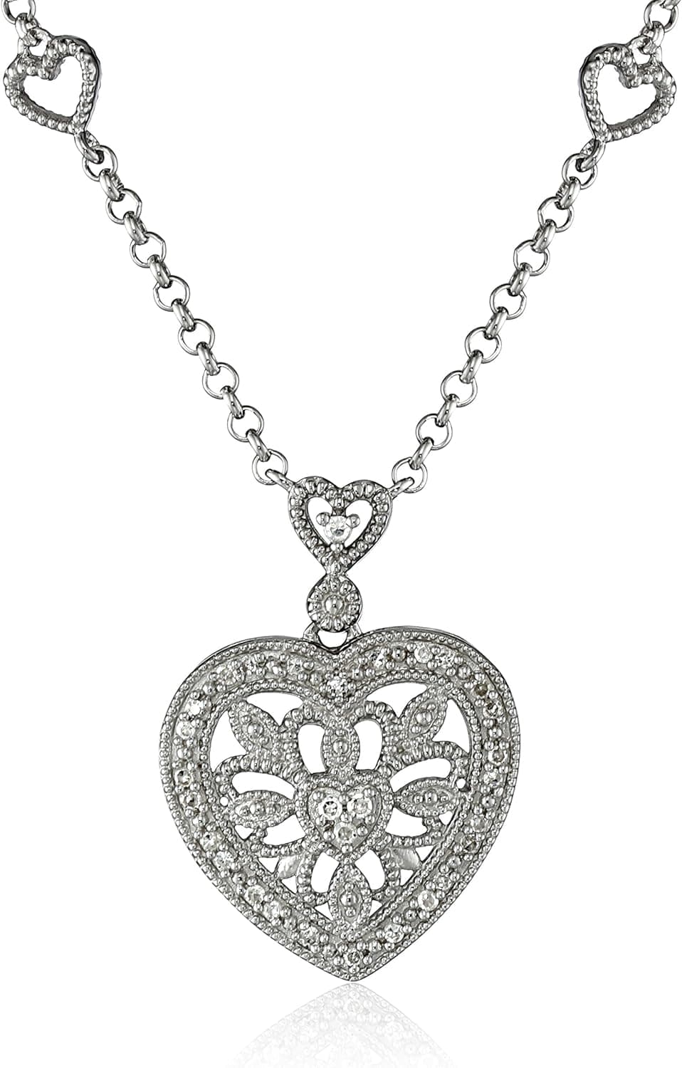 Amazon Collection Sterling Silver Vintage Heart Design with Diamond Accent Pendant Necklace (1/10cttw)