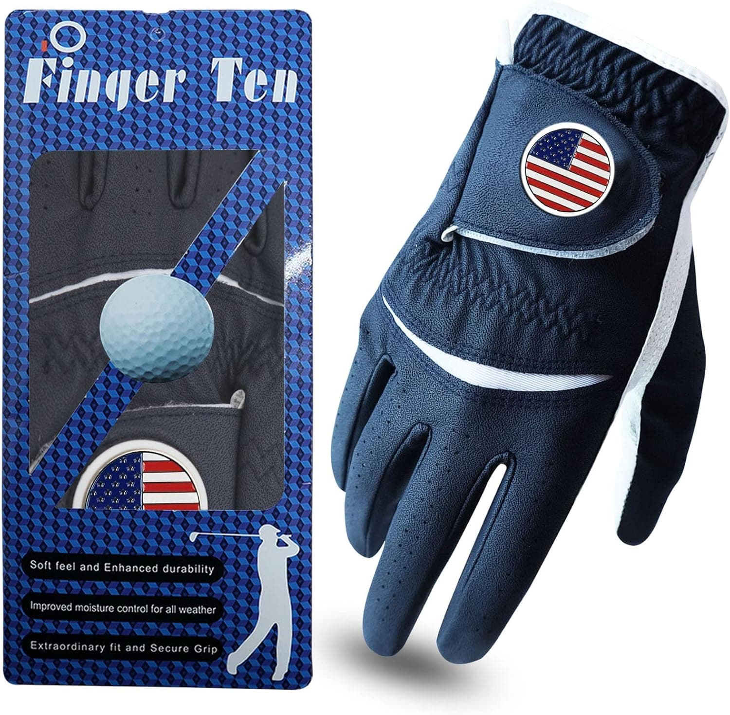 FINGER TEN Golf Gloves Men Right Handed Golfer 1 Pack Left Hand with Ball Marker Leather Premium Weathersof Grip Soft
