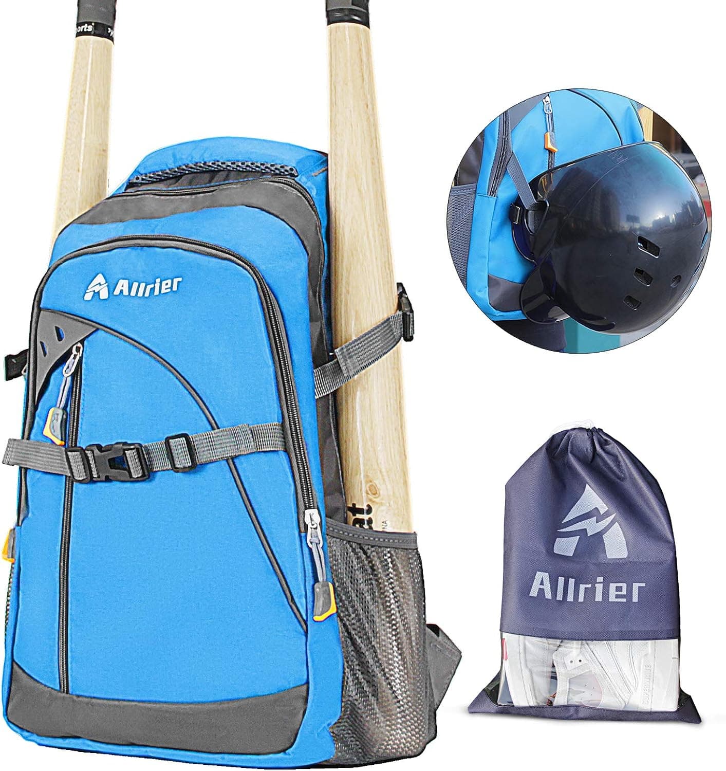 ALLRIER Baseball Backpack Bag - Baseball Bag with Fence Hook, Ball Softball Equipment Gear Holds 2 Bat Helmet Batting Glove Cleats Water Bottles and More for Kids Youth and Adults