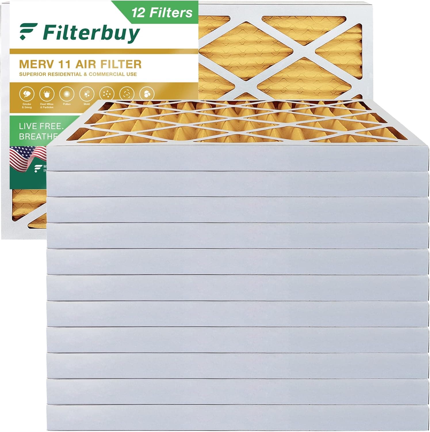 Filterbuy 16x25x2 Air Filter MERV 11 Allergen Defense (12-Pack), Pleated HVAC AC Furnace Air Filters Replacement (Actual Size: 15.50 x 24.50 x 1.75 Inches)