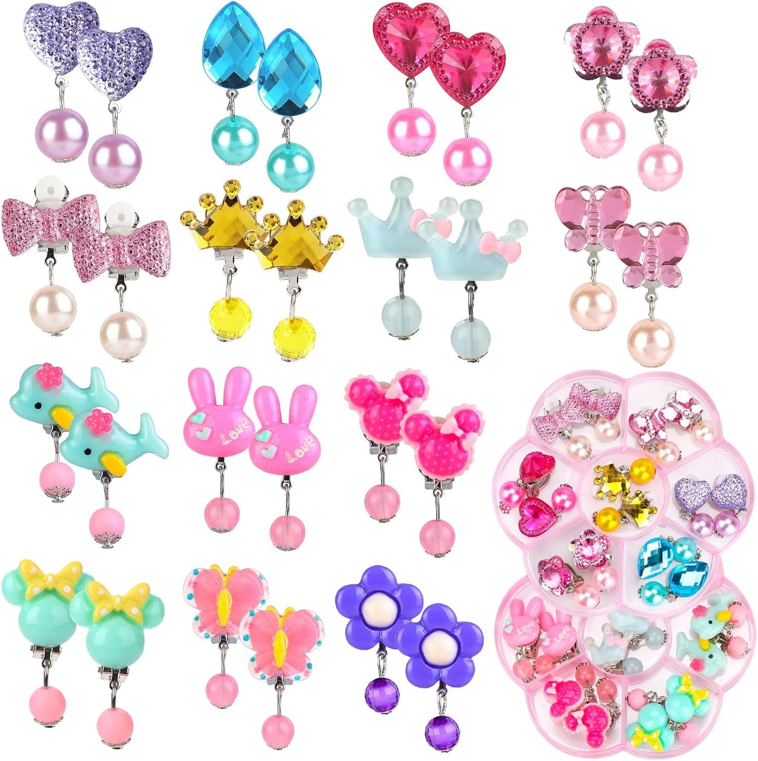 Hifot 14 Pairs Clip on Earrings Girls, No Pierced Design Earrings Dress up Pretend Princess Play Jewelry Accessories for Kids