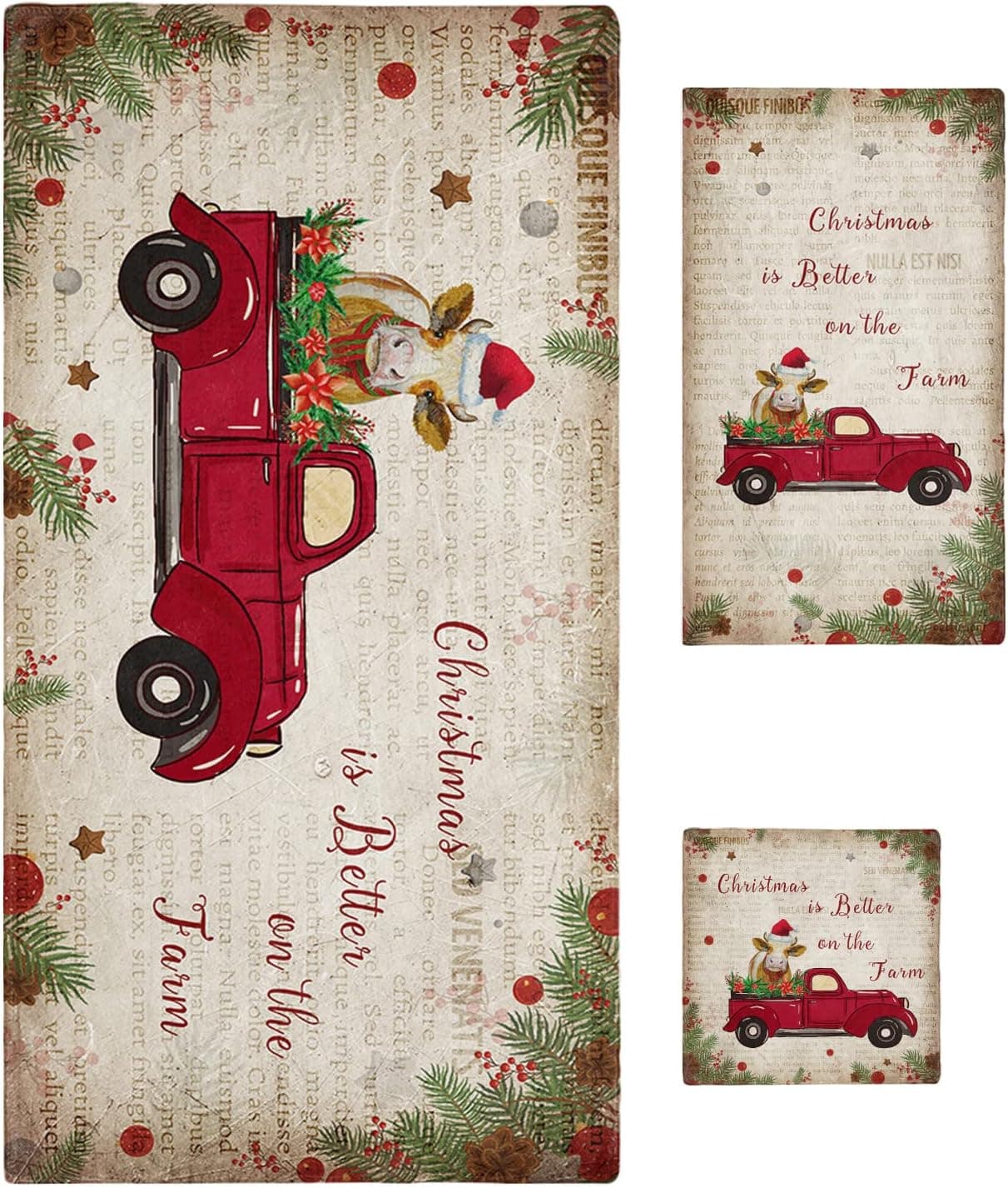 PIEPLE 3PCS Bath Towels Set, Christmas Old Farm Truck with Cow Berries Super Soft Absorbent Bath Towel-Hand Towel-Washcloth, Luxury Beach Towel for Kitchen Shower Travel Vintage Newspaper