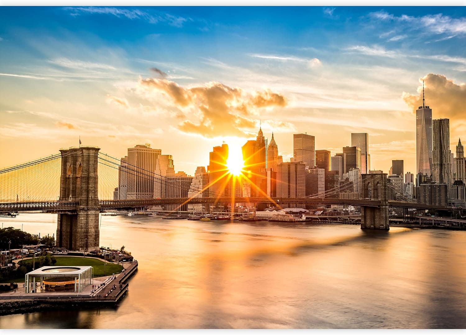 wall26 - Brooklyn Bridge and The Lower Manhattan Skyline at Sunset as Viewed from Manhattan Bridge - Removable Wall Mural | Self-Adhesive Large Wallpaper - 66x96 inches