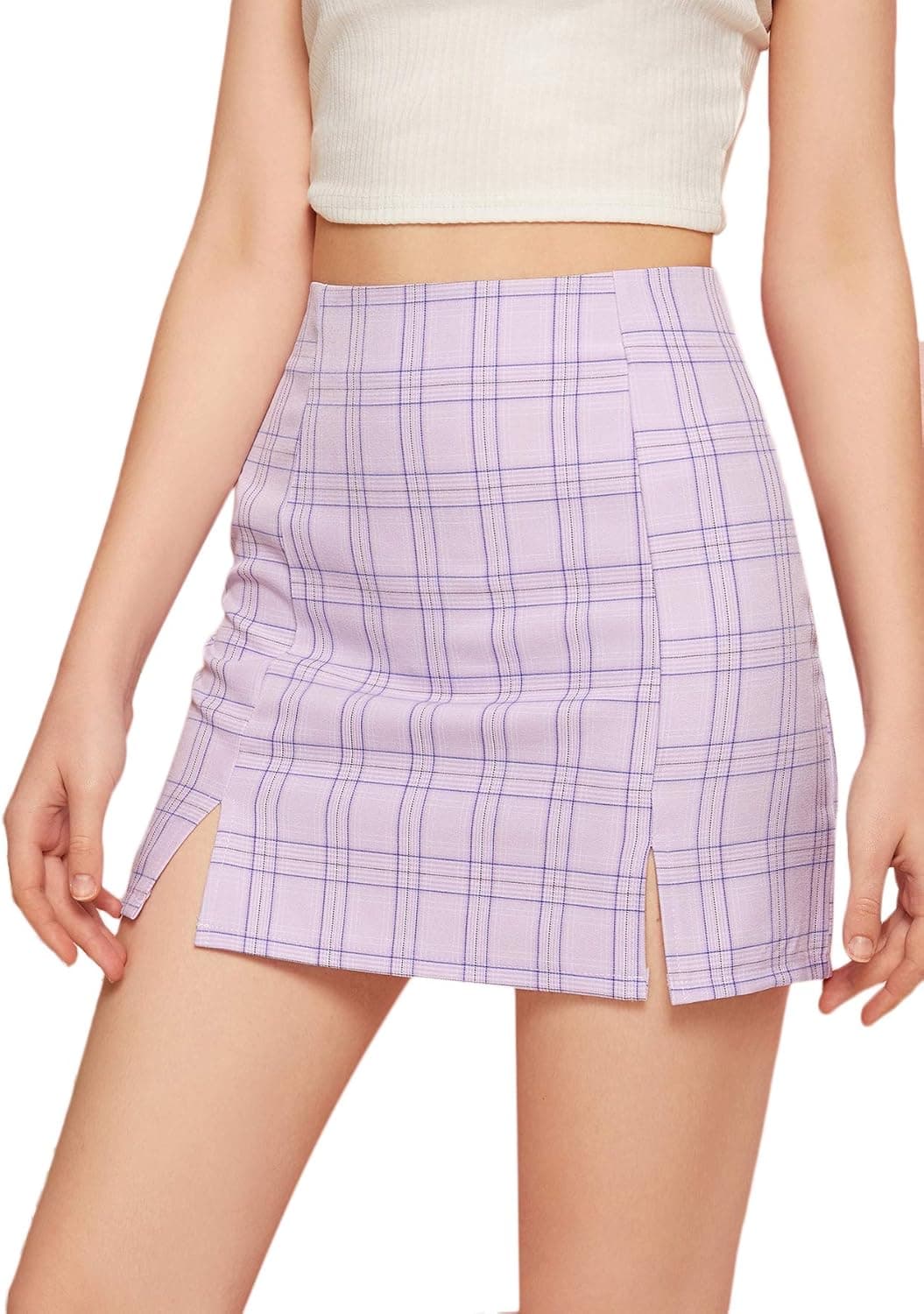 SweatyRocks Women's Casual High Waist Split Hem Plaid Bodycon A-Line Mini Skirt Light Purple S