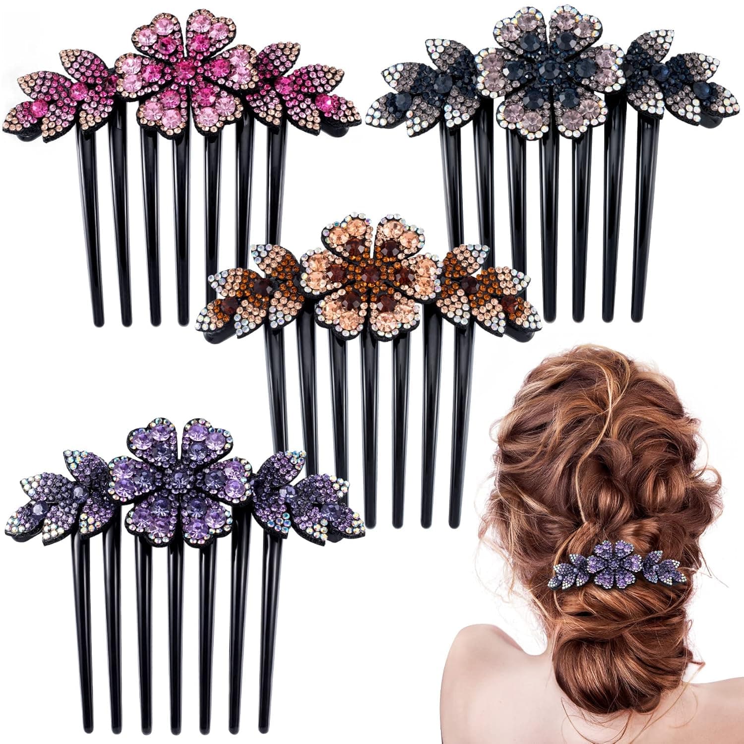 PAGOW 4PCS Hair Side Comb Rhinestone Flower Vintage Headpieces Tools Pins Clips Accessories Bride Headdress Wedding Daily Gift for Women and Girls