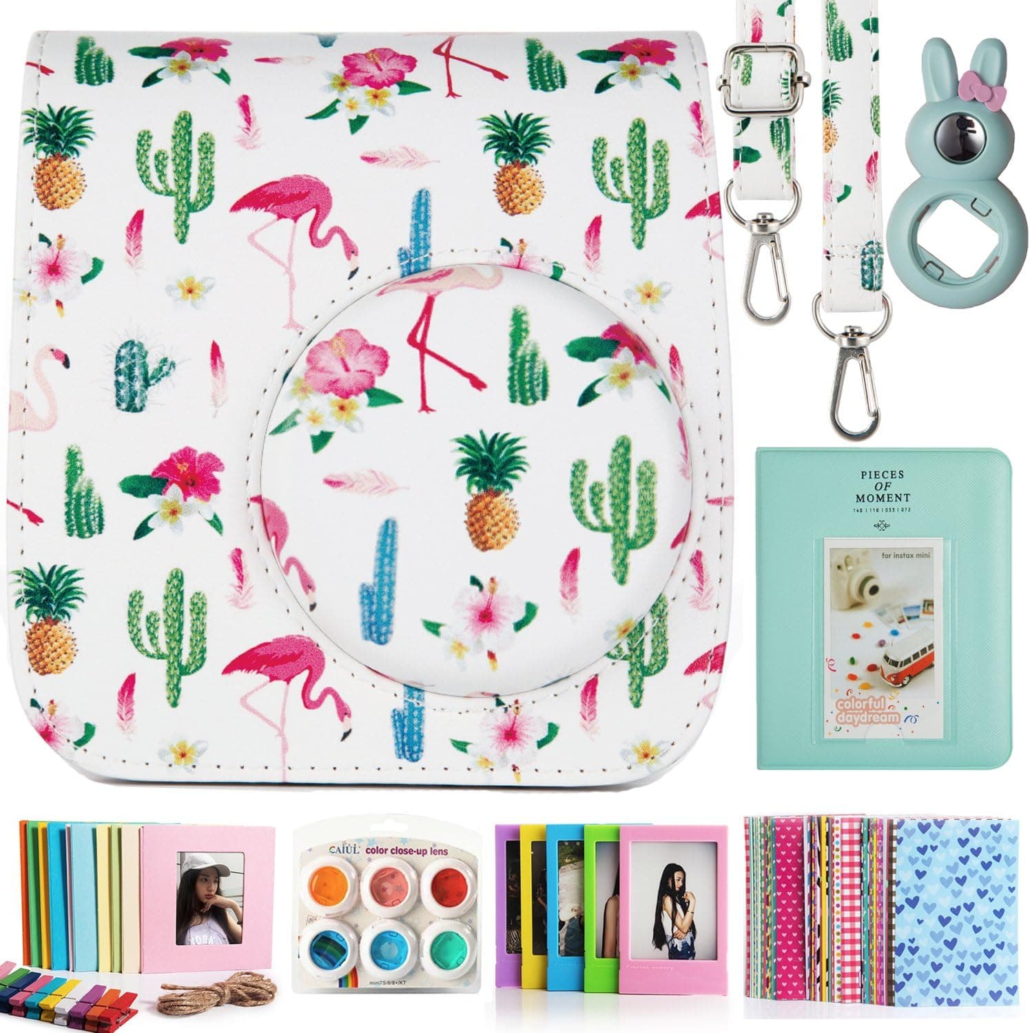 CAIUL Compatible Mini 7s Case Bundle with Album, Filters & Accessories for Fujifilm Instax Mini 7s and Polaroid PIC-300 (Flamingo Cactus, 7 Items)