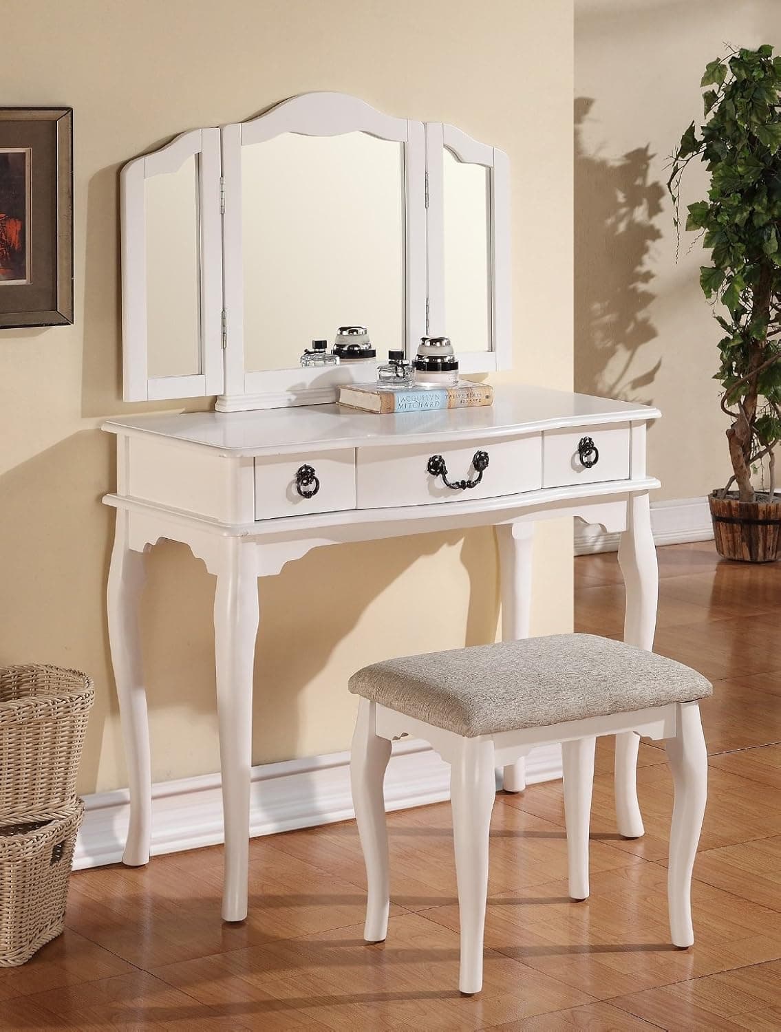 Major-Q White Finish Trifold Mirror Wooden Vanity Set with Makeup Desk and Stool