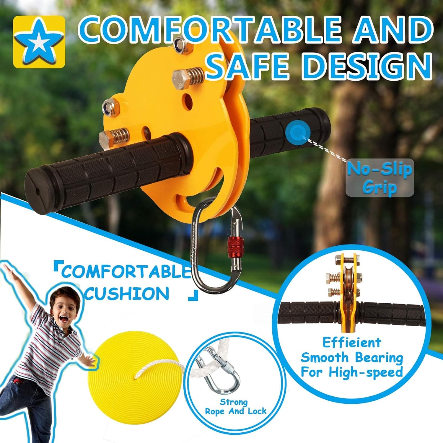 MULMART Zipline with Ratchet Straps Cable Tensioning Kit,Zip Lines for Kids and Adults Outdoor,Zipline Kits for Backyard with Upgraded Seat,Stainless Steel Spring Brake and Detachable Trolley