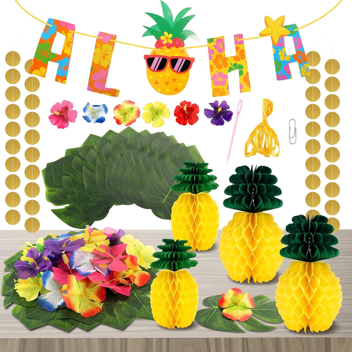 F FiGoal 120 PCS Aloha Banner Birthday Party Decorations Palm Leaves and Hibiscus Flowers Tissue Paper Pineapples Tropical Hawaiian Theme Luau Party Birthday Party Supplies Hawaii Decoration