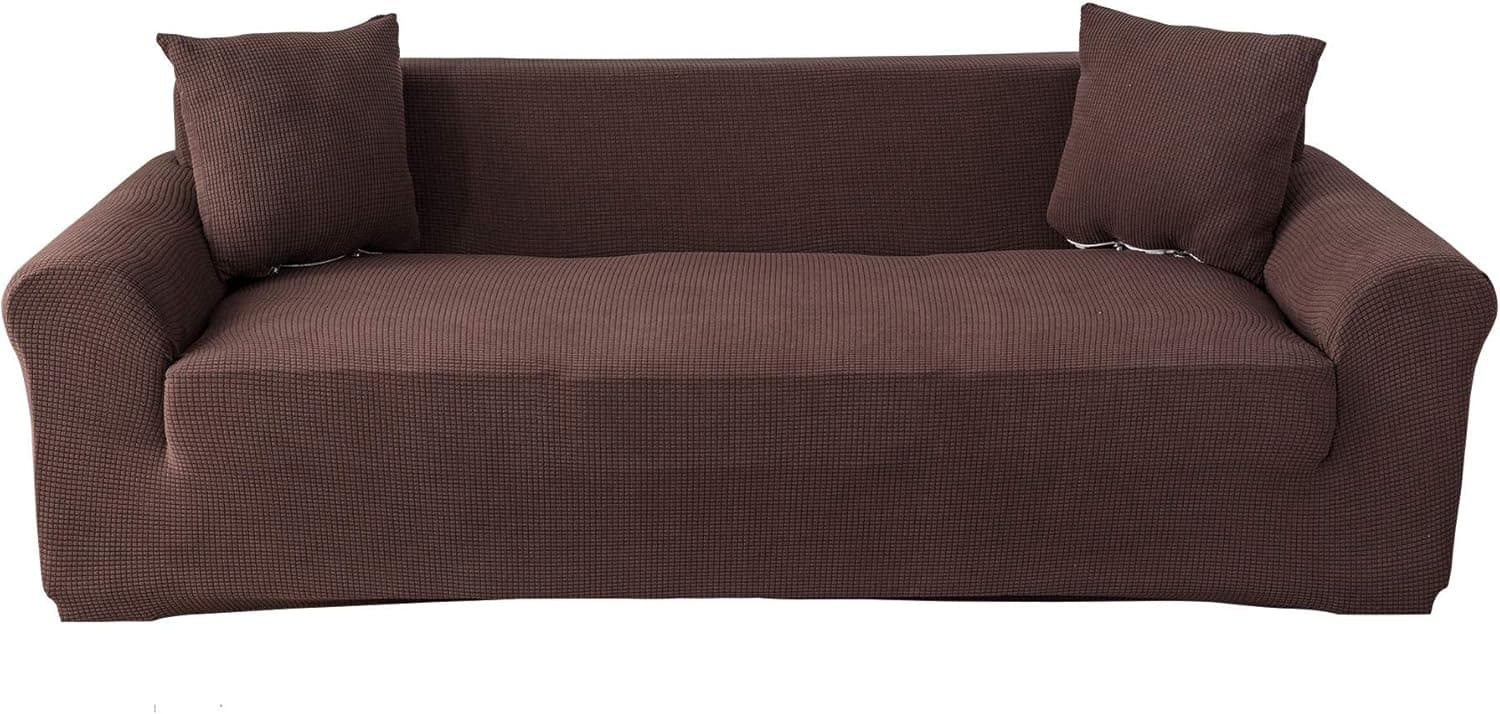 Gelozed Stretch Sofa Slipcover 1-Piece Couch Cover Furniture Protector, 3 Seater Coat Soft with Elastic Bottom, Checks Spandex Jacquard Fabric, Large (Large, Dark Coffee)