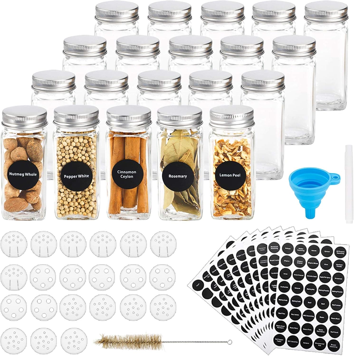Hatoku 20 Pcs Glass Spice Jars, 4oz Empty Square Spice Bottles with 400 Spice Labels, Spice Containers with Shaker Lids, Airtight Metal Caps and Silicone Collapsible Funnel