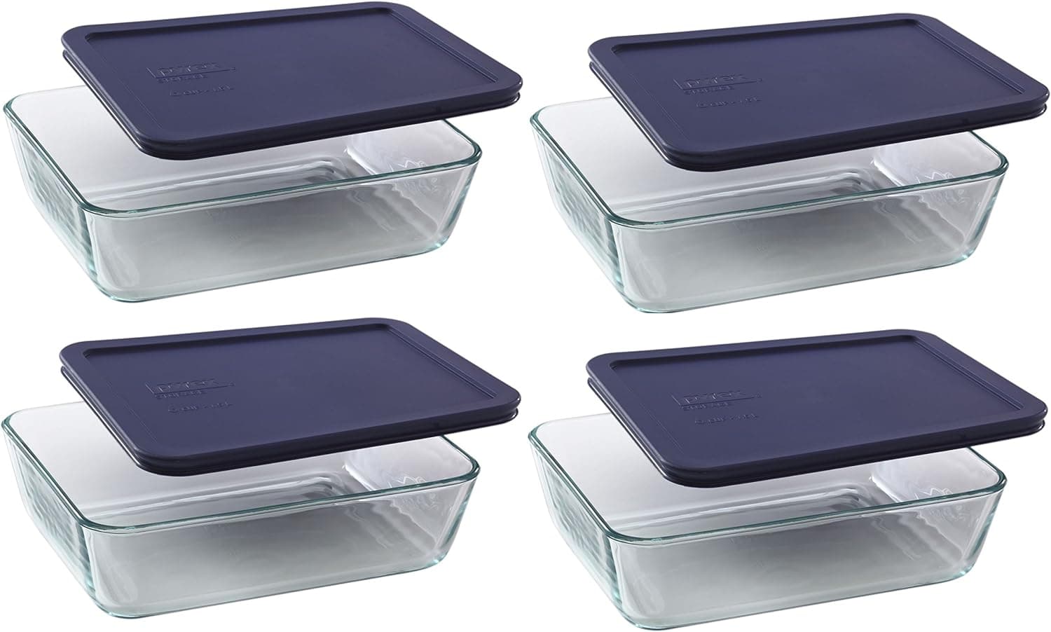 Pyrex 6-cup 7211 Rectangle Glass Food Storage Containers with Blue Plastic Lids - 4 Pack Made in the USA
