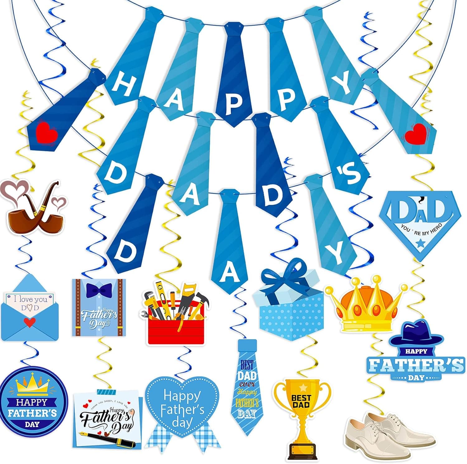 Funnlot Fathers Day Decorations 36PCS Happy Fathers Day Banner Father’s Day Hanging Decorations Fathers Day Decorations For Home Dad’s Day Hanging Swirl Foil Ceiling Decorations With Happy Dad’s Day Banner For Family Decoraction Del Dia Del Padre