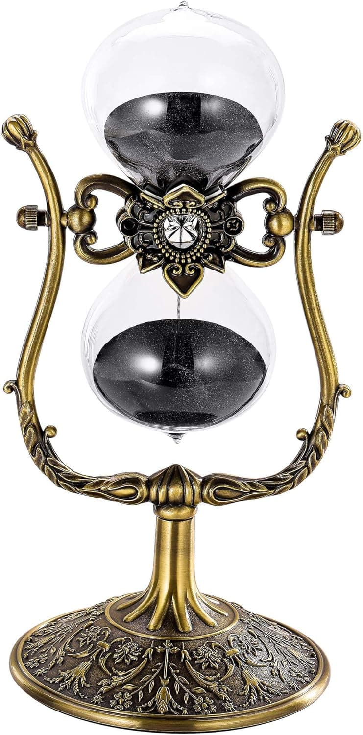 SuLiao Vintage 60 Minute Hourglass Sand Timer, 12 Inch Large Brass Engraved Rotating Sand Clock Stand, Unique Metal Sand Watch 60 Min, Antique 1 Hour Glass Sandglass for Home, Desk, Office Decoration