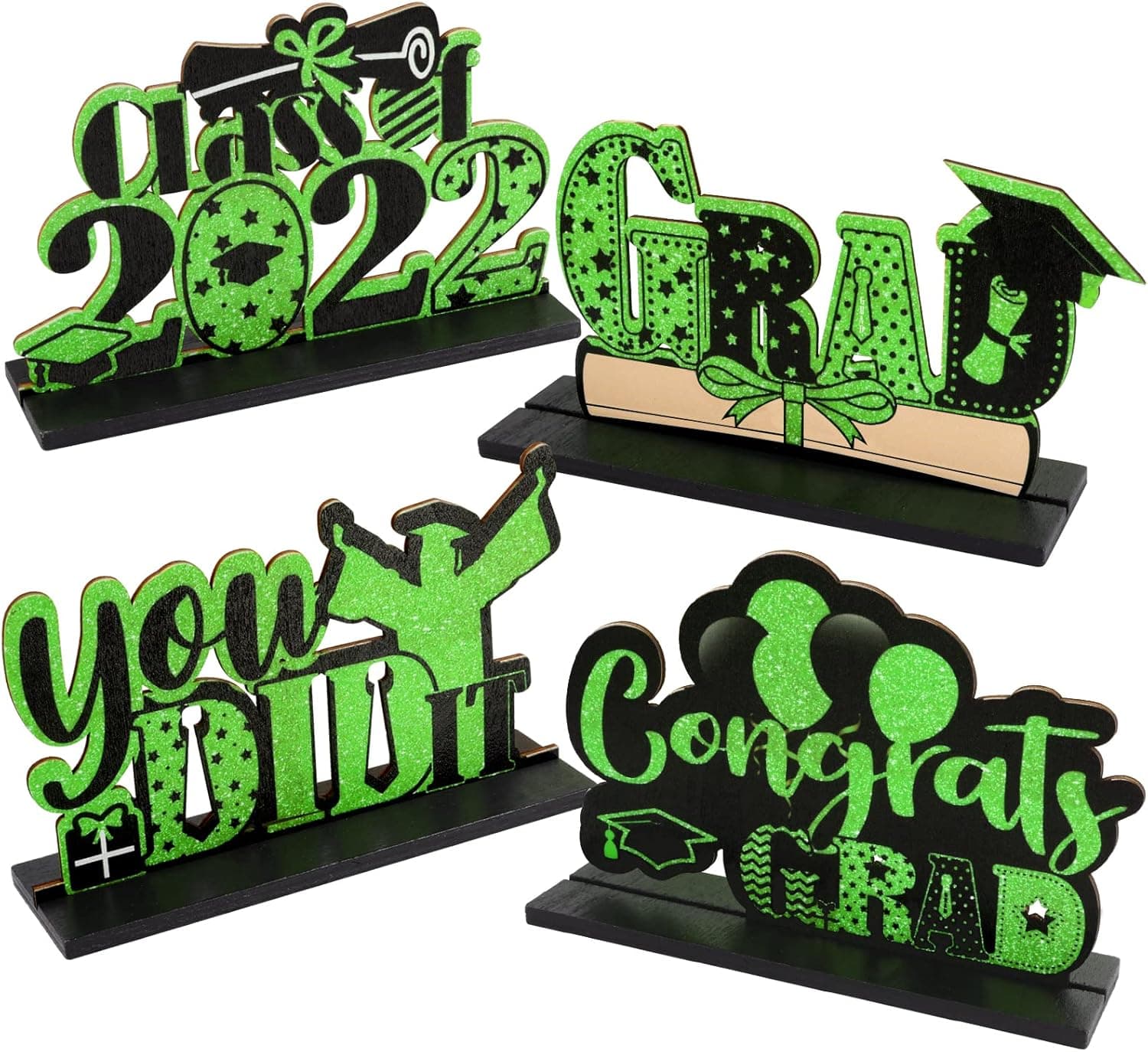 4 Pack Wooden Graduation Table Centerpiece 2022 Grad Wood Table Decorations Glitter Wooden Graduation Table Toppers Congrats Wood Sign for Grads Party/House/School (Green)