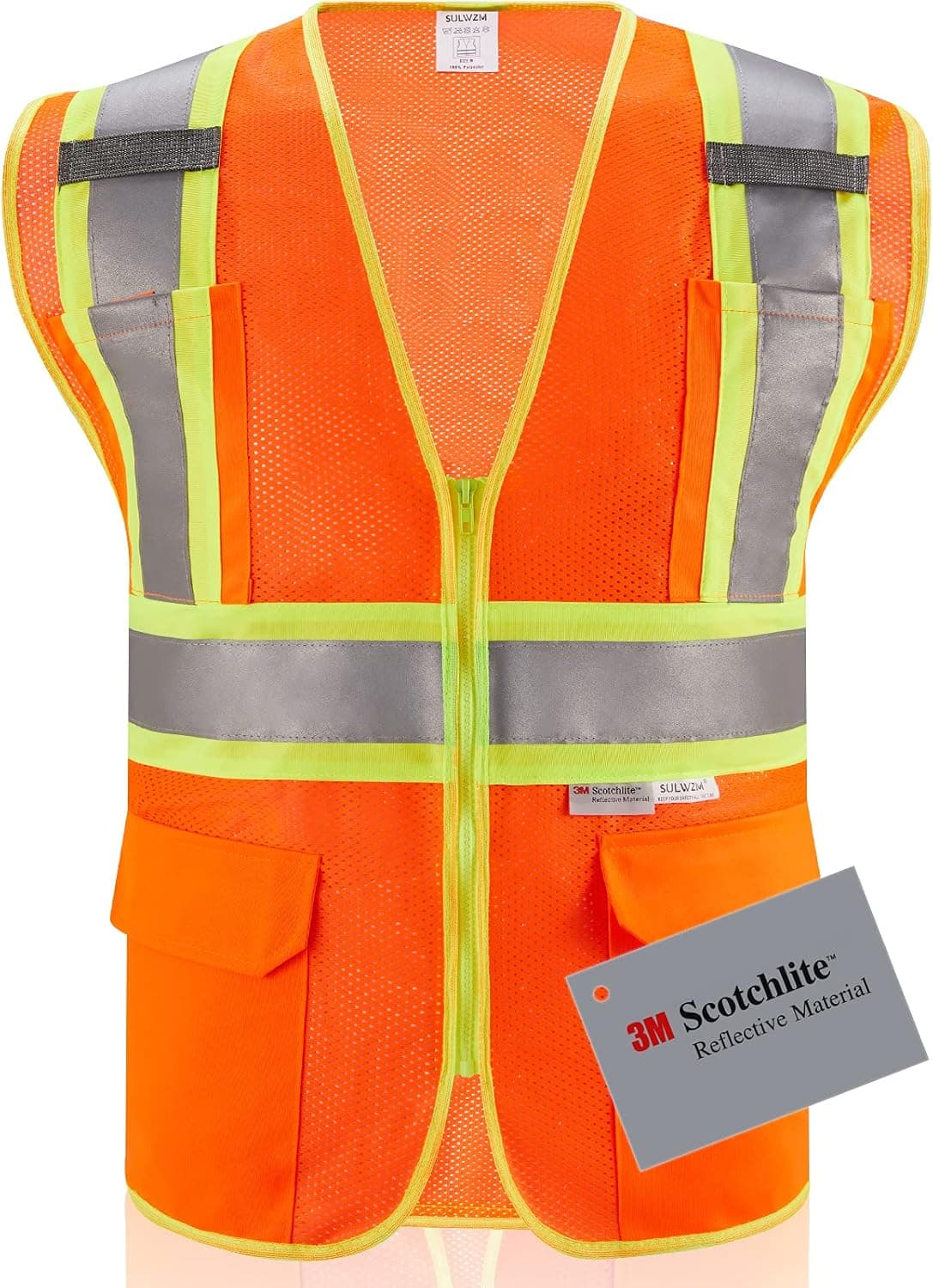 SULWZM 3M High Visibility Reflective Safety Vest with Zipper and Pockets Orange,M