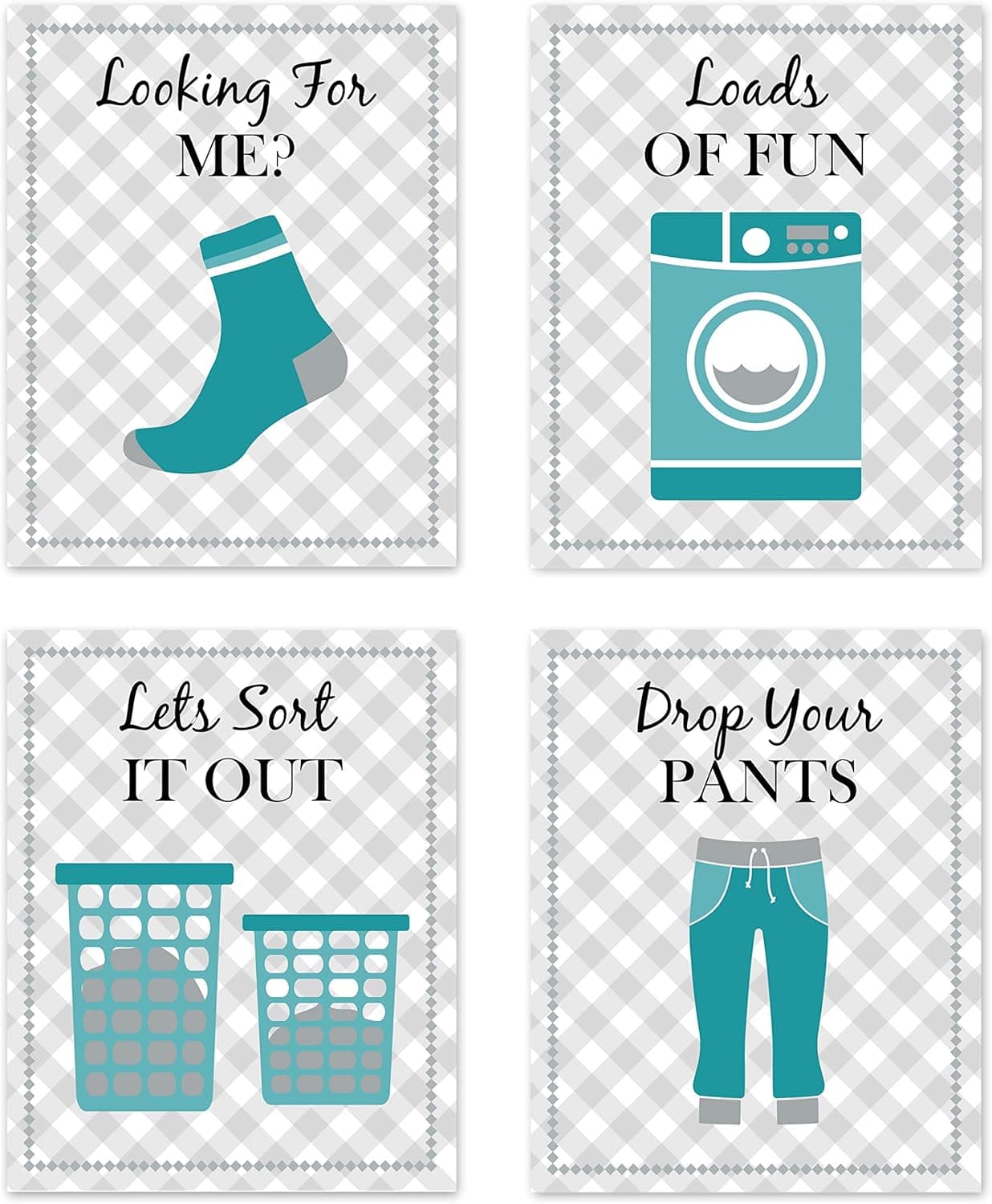 Turquoise Teal Blue Gray White Retro Vintage Inspirational Laundry Room Rules Decorative Wall Art Decor Decorations for Laundromat Wash Sock Pants Prints Posters Pictures Sign Rustic Modern Farmhouse Country Home Funny Sayings Quotes Unframed 8”x10”