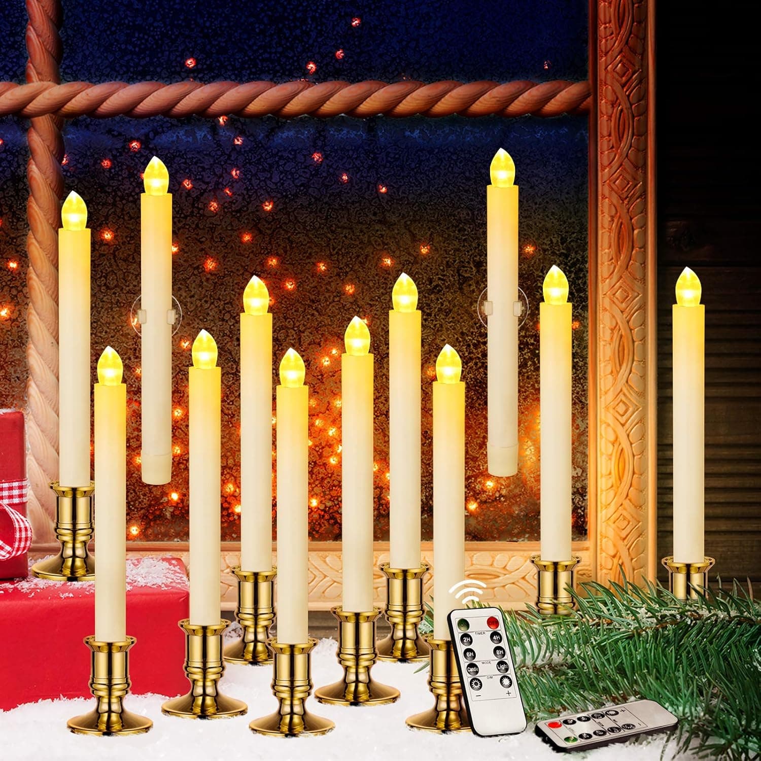Window Candles, YUNLIGHTS 12 Pack Battery Powered LED Flameless Candles Taper with Remote & Timer - Removable Gold Holders and Suction Cups for Window, Christmas, Holiday Decorations