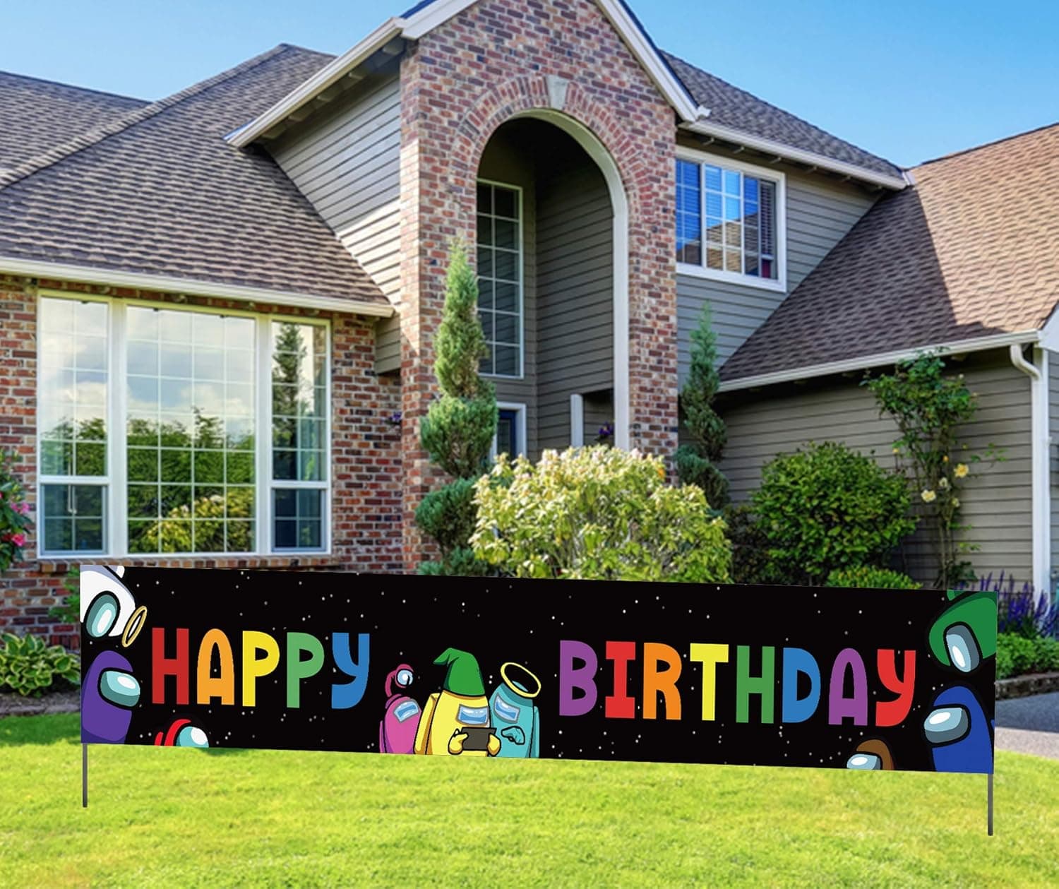 Among Inspired Us Happy Birthday Banner, Among Imposter Us Birthday Sign, Video Game Theme Party Decorations (9.8*1.6 Feet)