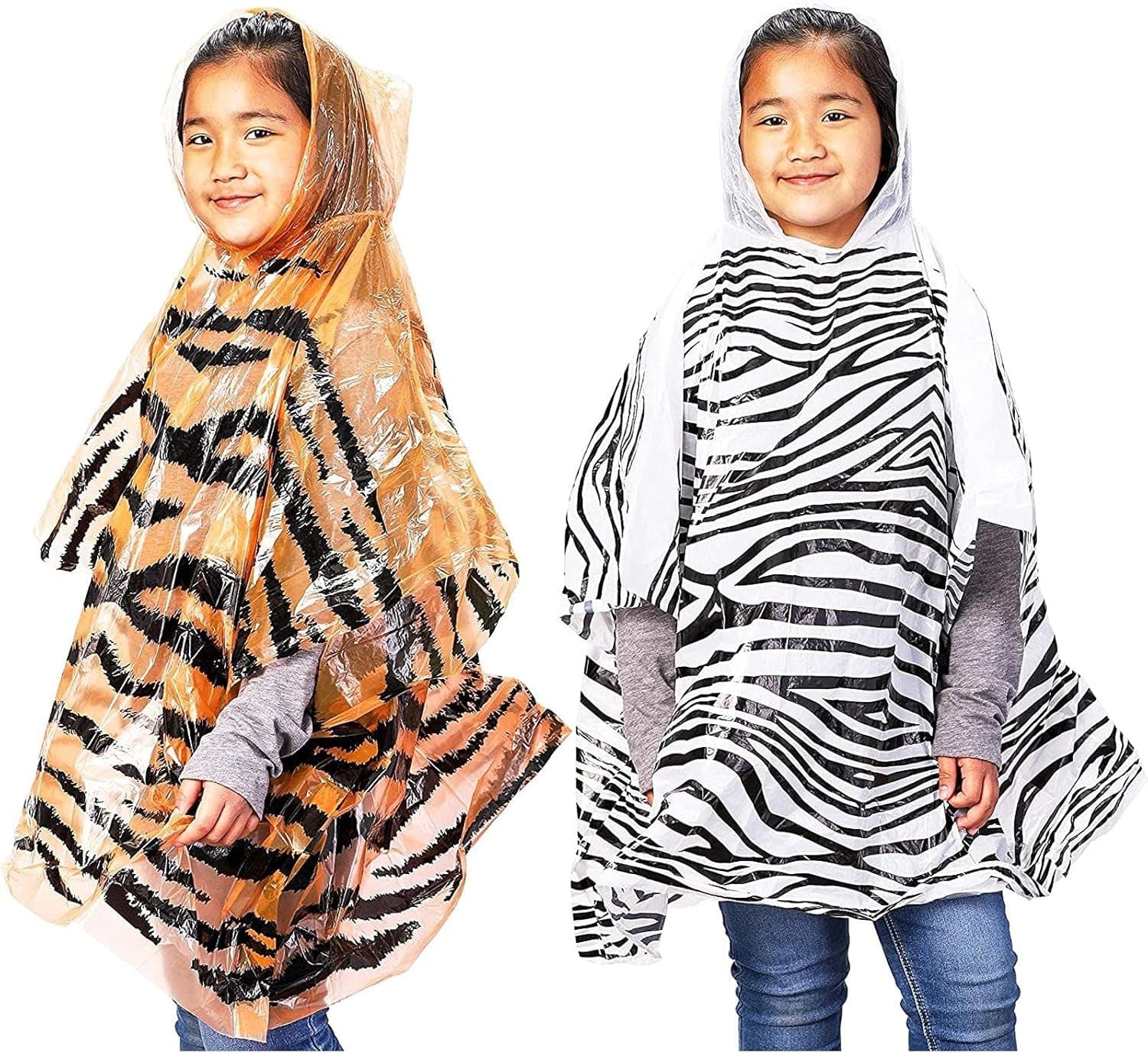 Juvale 12 Pack Kids Disposable Rain Ponchos - Emergency Waterproof Raincoat with Hood for Camping, Hiking, Sport or Outdoors, Zebra and Tiger Print