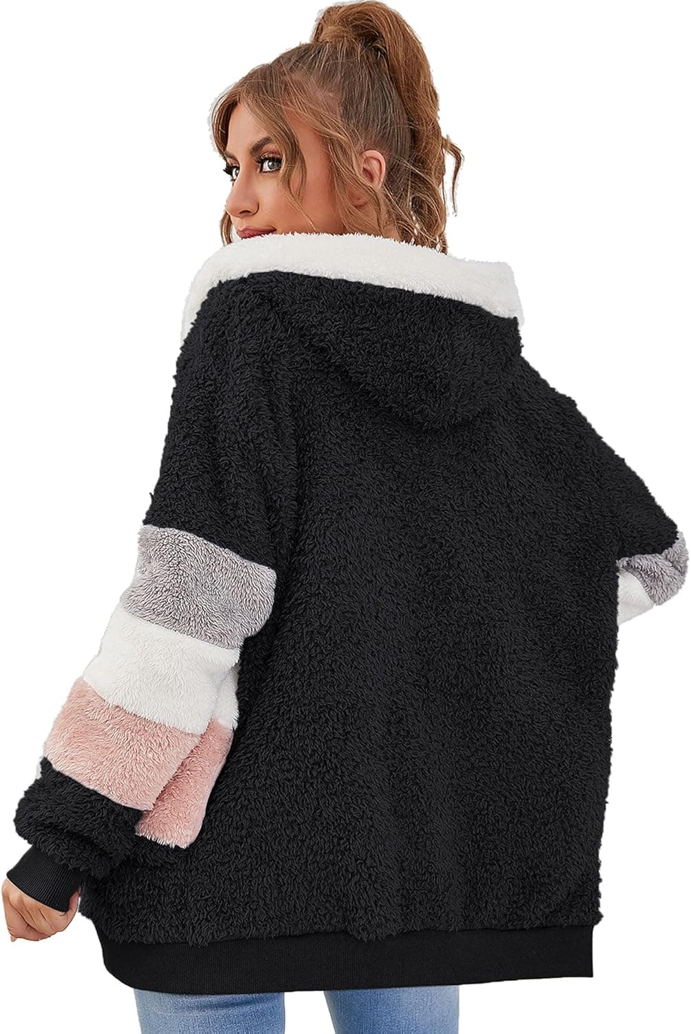 Women's Fashion Long Sleeve Lapel Zip Up Faux Shearling Shaggy Oversized Coat Jacket with Pockets Warm Winter Black Medium