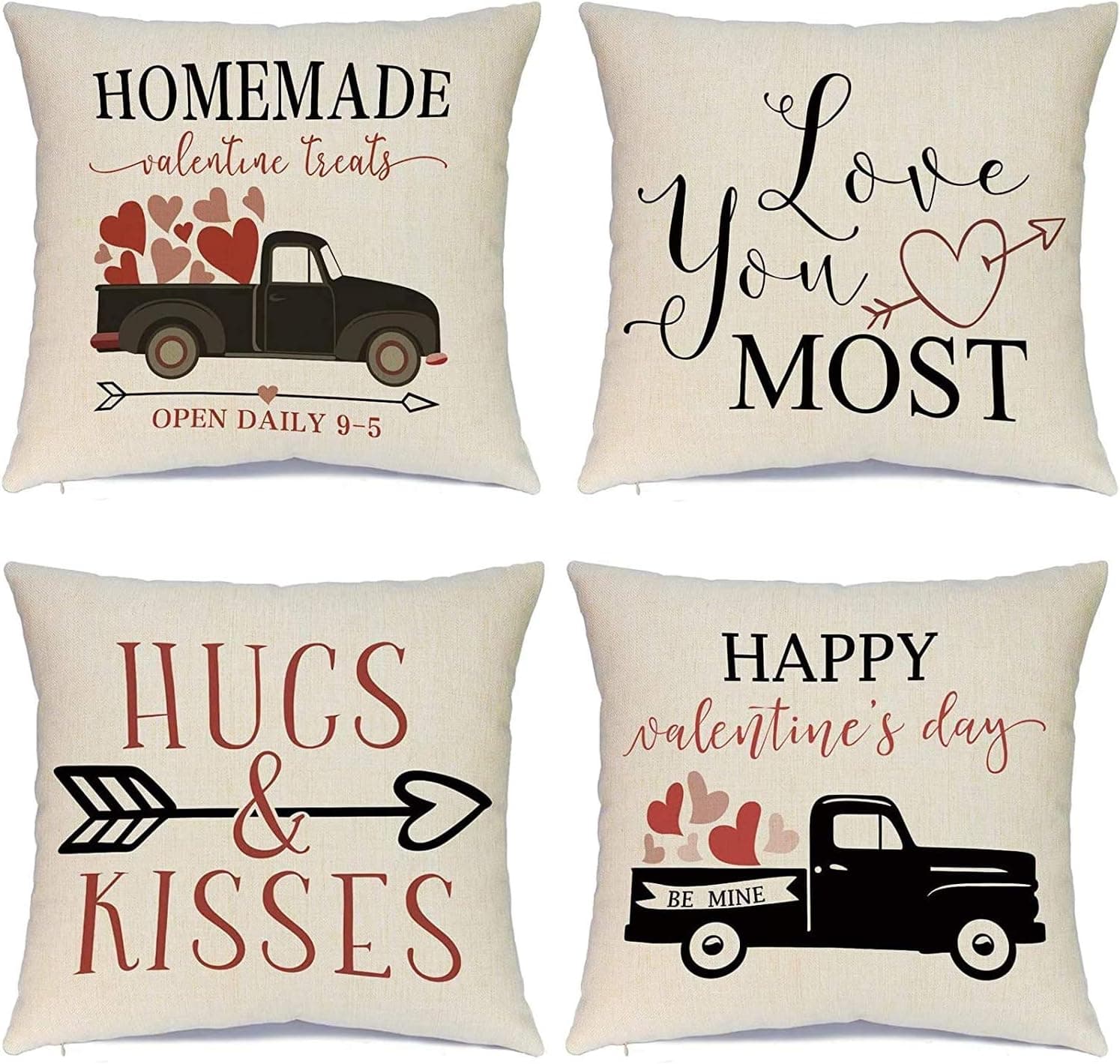 Hlonon Valentines Day Pillow Covers 20 x 20 Inches Set of 4 - Red Heart Truck Decor and Love Arrow Decor Throw Pillow Covers for Sofa Couch Cushion Cover