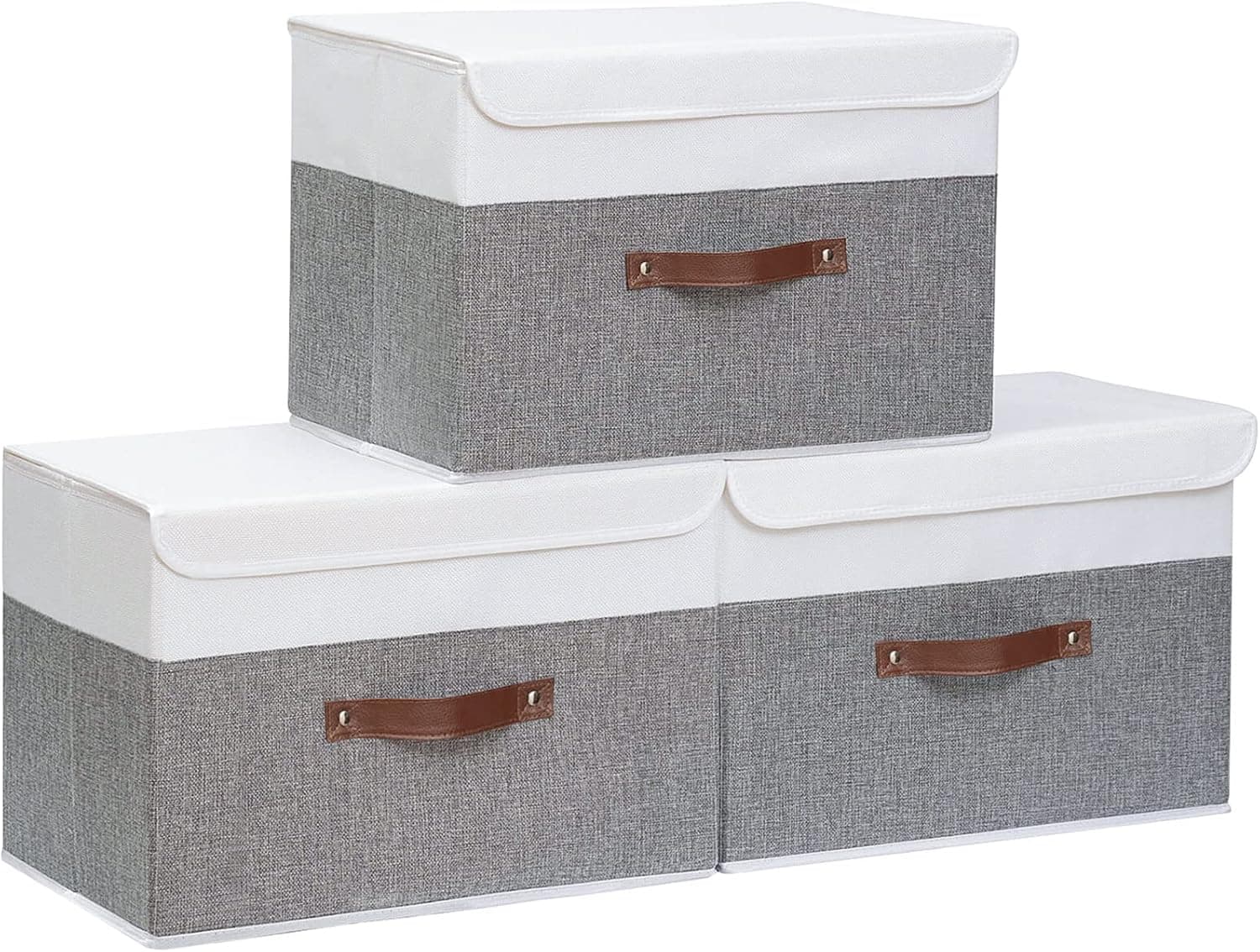 Yawinhe Collapsible Storage Boxes 3 Pack, Linen Fabric Storage Baskets Washable, with Lids and Leather Handle, for Home Bedroom Closet Office, (White/Grey, 15.0x9.8x9.8in), USNK024WGL-3