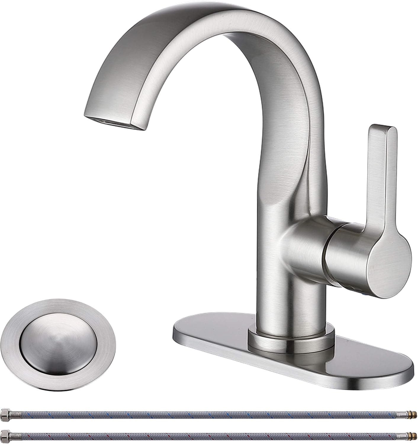 Mejor Solid Brass One Handle Waterfull Bathroom faucet,with 4 inches deck plate,CUPC water lines and Metal pop-up drain with overflow,Brushed Nickel,ME2536P-BN