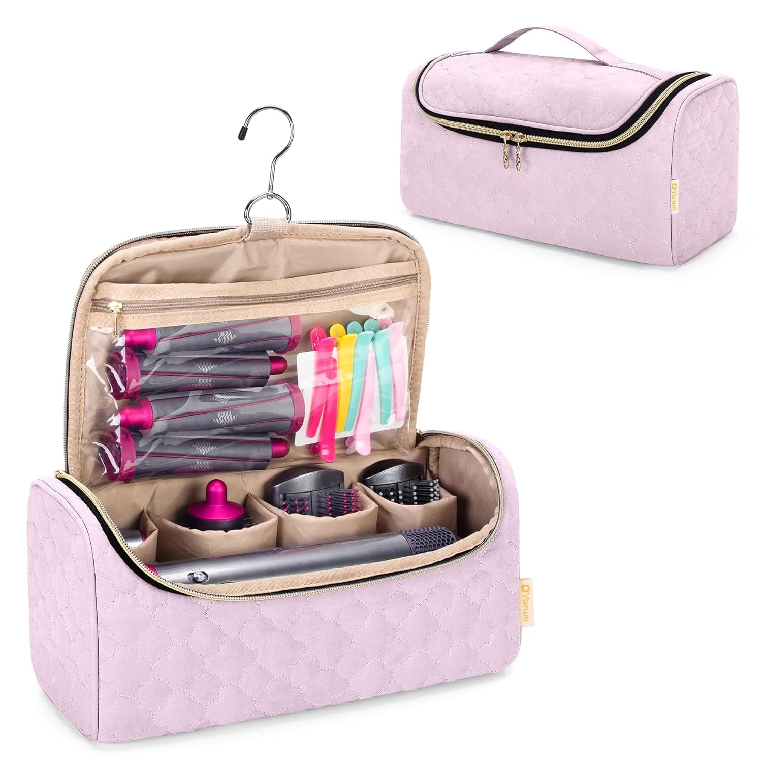 YARWO Travel Case Compatible for Dyson Airwrap Complete Styler and Attachments, Portable Storage Bag with Hanging Hook for Hair Curler Accessories, Pink (Patent Pending)