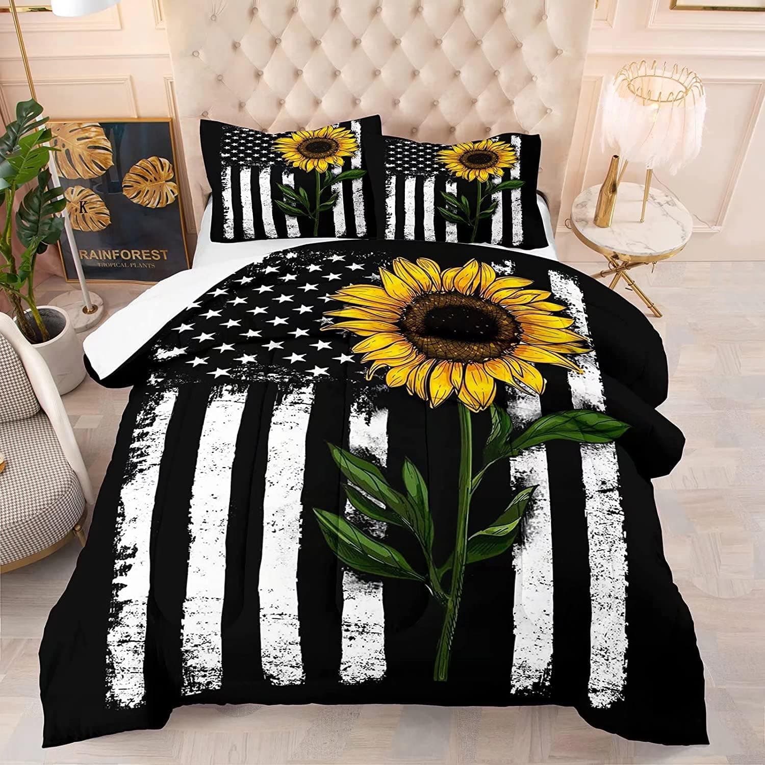 American Flag Bedding Set King Size Yellow Sunflower Comforter Set Retro US Stripes Stars Flag Quilt for Teens Adults 1 Comforter 2 Pillowcases (CD00021-GQAHUN12-King)