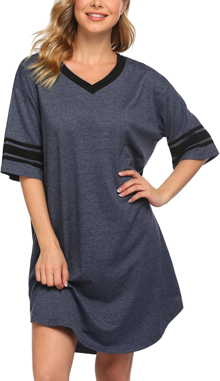 luxilooks Night Shirts for Women Sleepwear Comfort Cotton Nightgown Short Sleeve Nightshirt V Neck Pajama T-Shirt Dark Blue