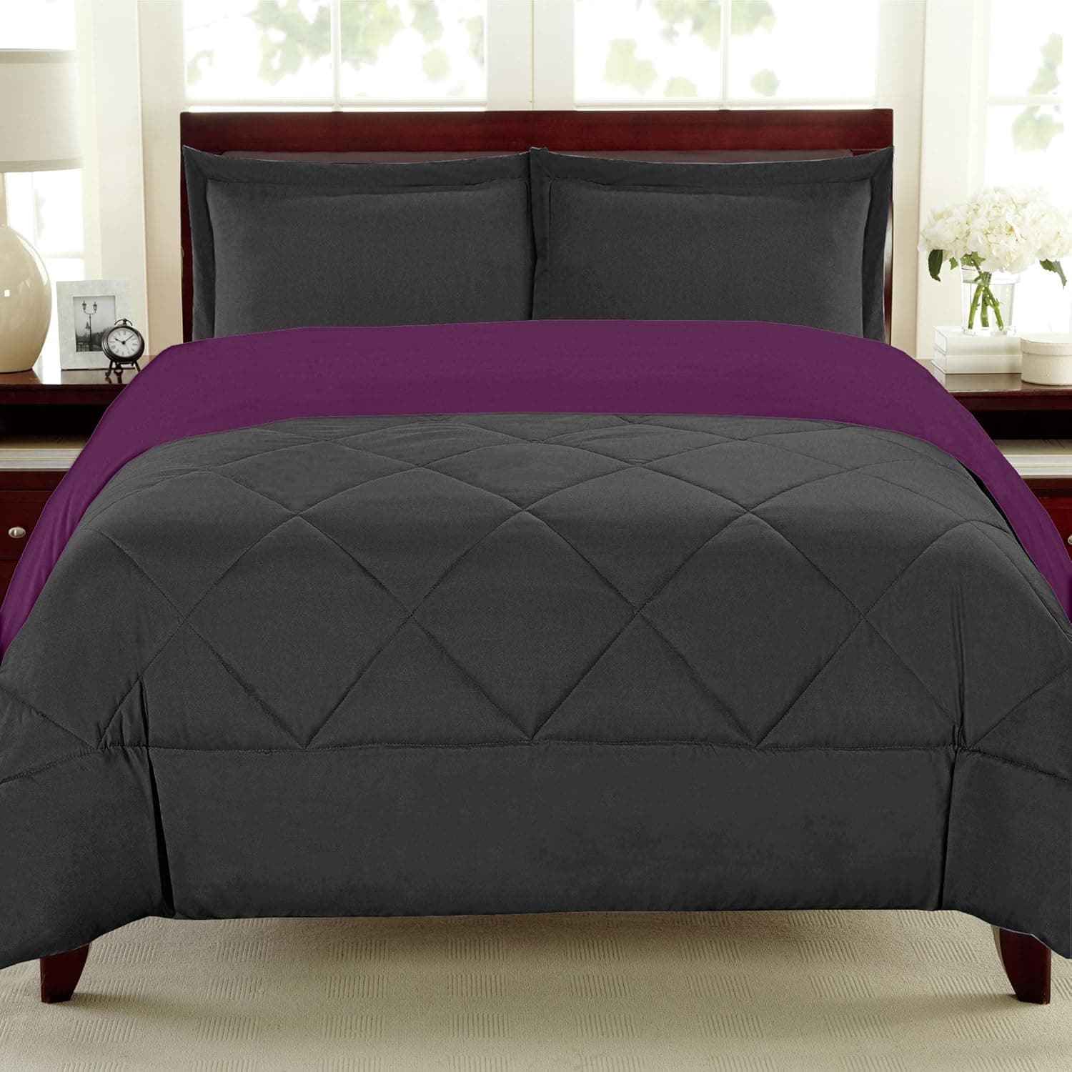 Sweet Home Collection 3 Piece Reversible Polyester Microfiber Goose Down Alternative Comforter Set with Pillow Shams, Twin, Wine/Gray