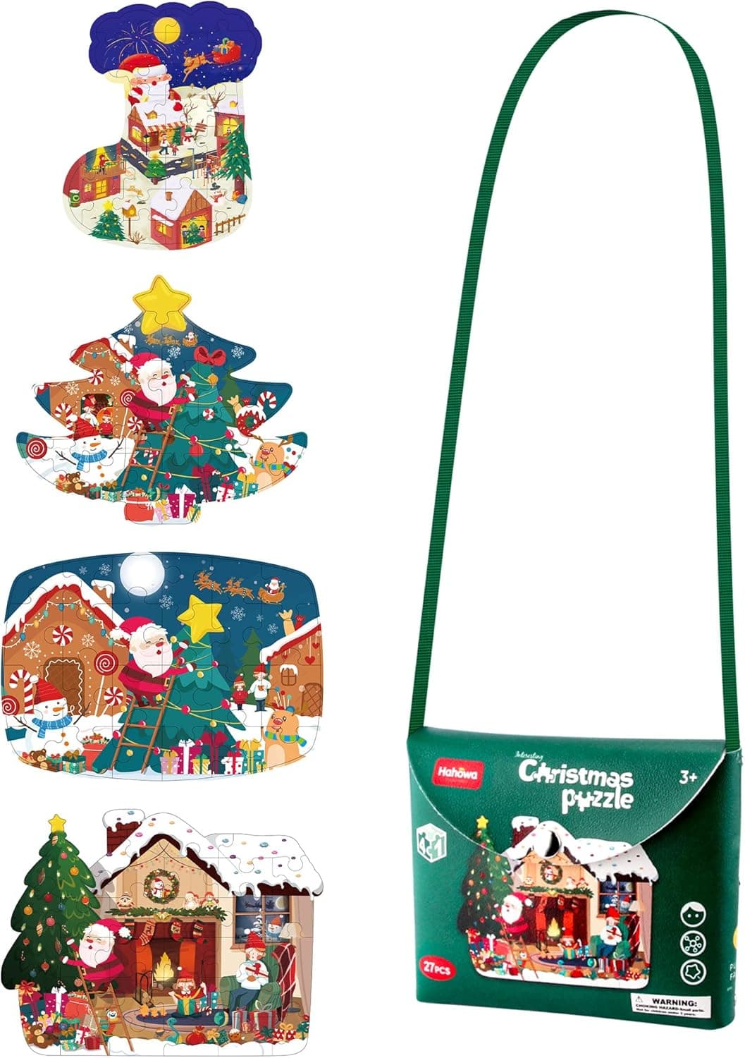 4 Packs PU Christmas Jigsaw Puzzle 102 Piece Floor Puzzles for Kids Toddler Boy Girl Ages 3 4 5 6 7 8 Learning Sensory Preschool Toys with Santa Claus, Christmas Tree, Snowman Theme with Portable Bag