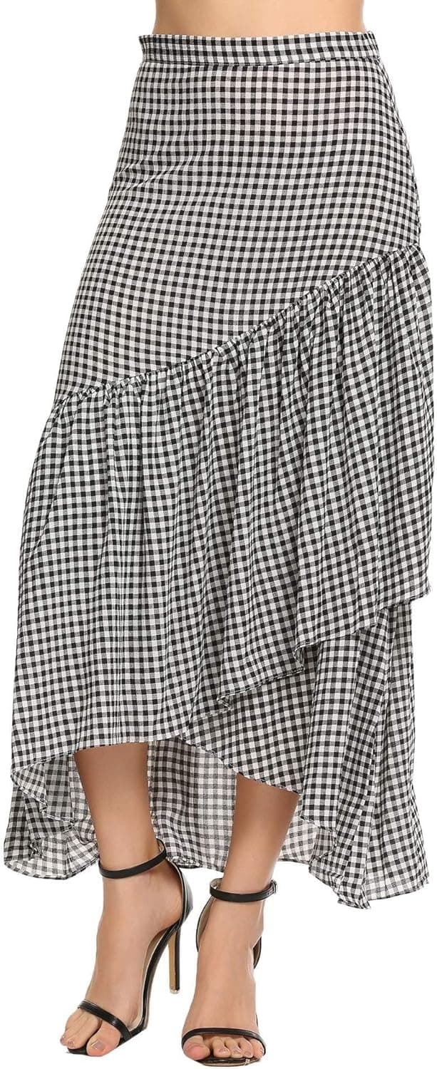 Zeagoo Women A-line Irregular High-Low Ruffle Pleated Stripe Casual Flare Maxi Skirt(Black/White,XL)