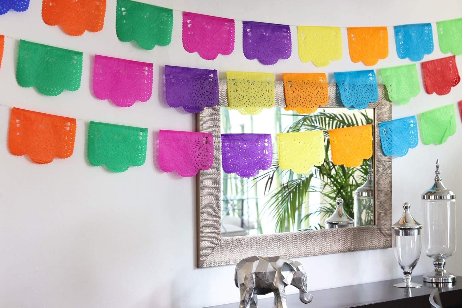 20 Panel Pack. Mexican Papel Picado Banner."Colores de Primavera".Over 19 feet long for Maximum Coverage. Vibrant Colors Tissue Paper. Small size panels. Multicolored Flowers Design