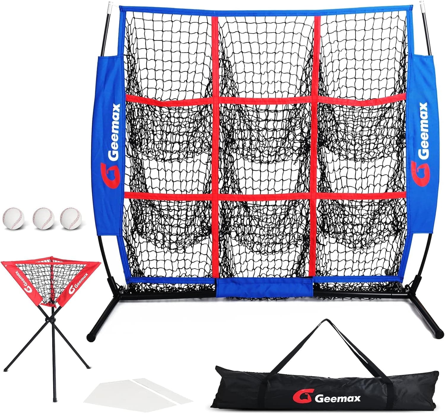 Baseball Pitching Net with 9 Hole Strike Zone, Portable Pitchers Training Aids with 3 Pack Baseball, Caddy, Home Base Plate, Carrying Bag