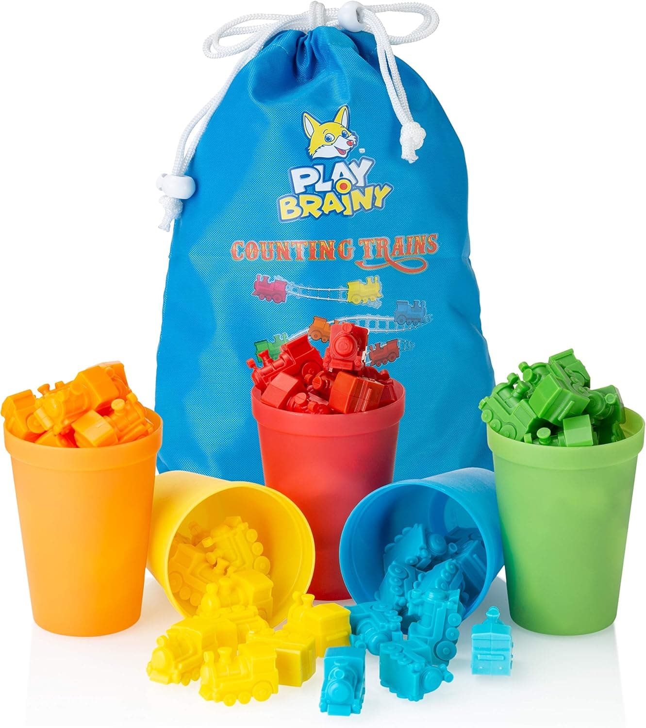 Play Brainy™ Colorful Counting Trains and Cups – Fun Educational Sorting Trains with Color Sorting Cups – Educational Montessori Toy for Toddlers & Children – 50 Count Trains, 5 Colored Cups, & Bag