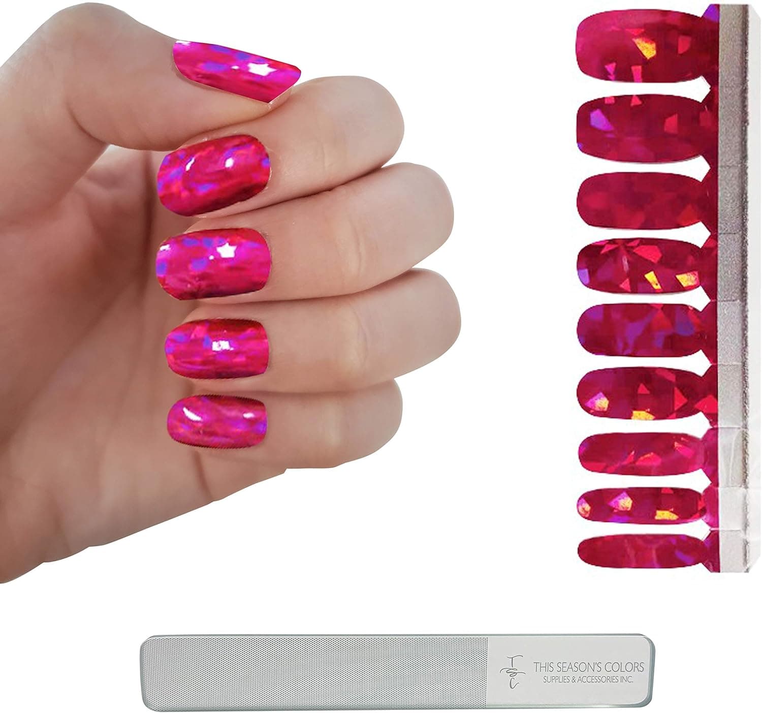 Fuchsia Chrome Crystal with Metal Effects Nail Polish Strips w/ Reusable Crystal File by This Season's Colors, Spring/Summer Salon Quality Manicures & Pedicures for Women, Teens & Kids; Pink/Purple