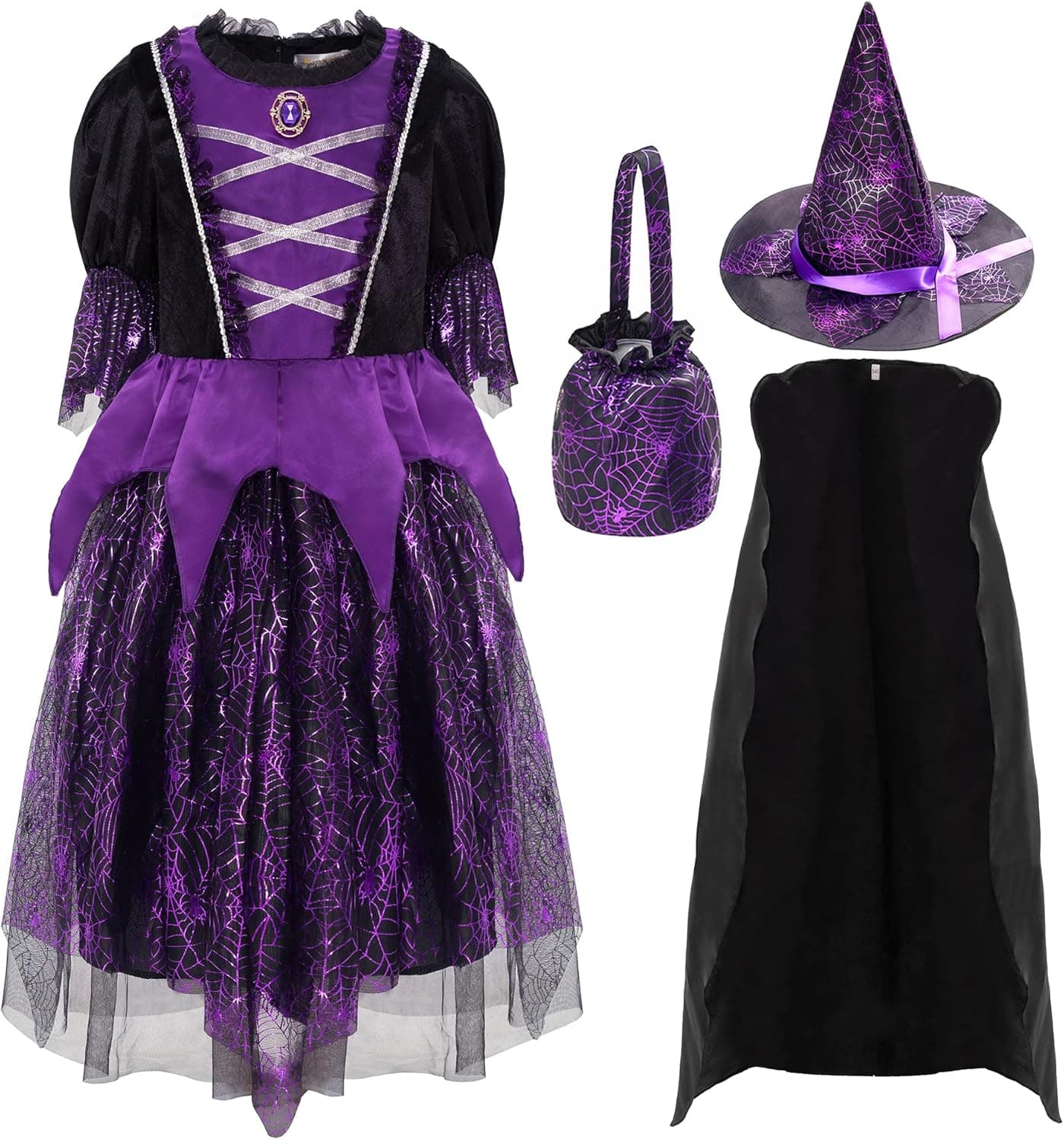 Funna Witch Costume for Girls Halloween Dress up Cosplay with Hat Cape Bag