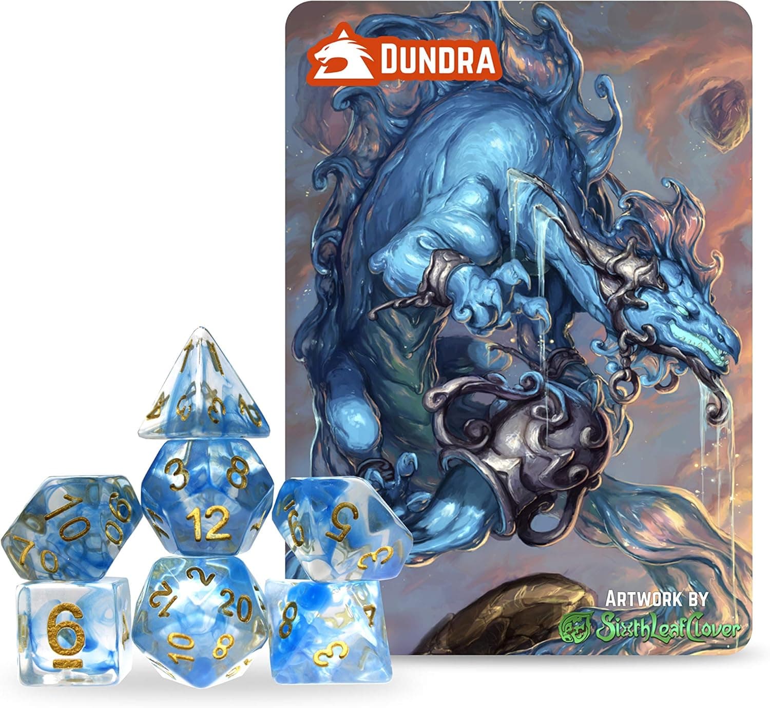 Dundra Zodiac Aquarius Dragon RPG Dice Set with Collectors Card