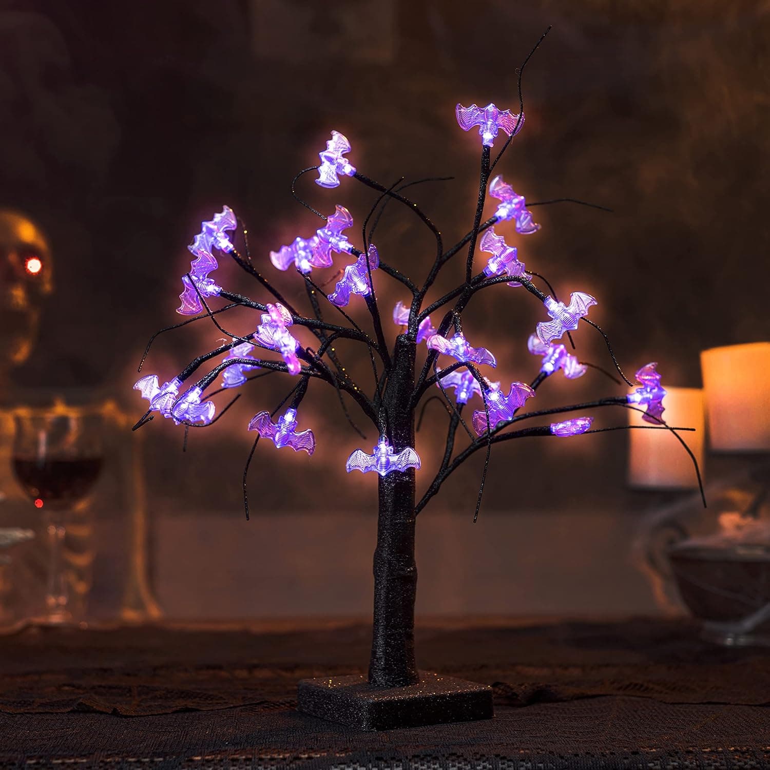 Joiedomi 1.5 FT Halloween Spooky Tree, Light Up Halloween Tree with 24 Glittered LED Purple Bat Lights, Prelit Black Tree for Halloween Tabletop Tree Decor, Halloween Indoor Desktop Desktop Decoration