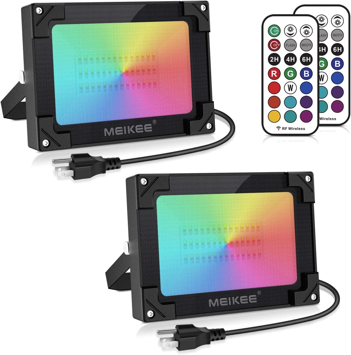 MEIKEE 2 Pack RGB LED Flood Lights 600W Equivalent, 60W Color Changing Floodlight with Remote Control, IP66 Waterproof Outdoor Indoor Wall Washer Light for Party Stage Garden Uplighting Landscape